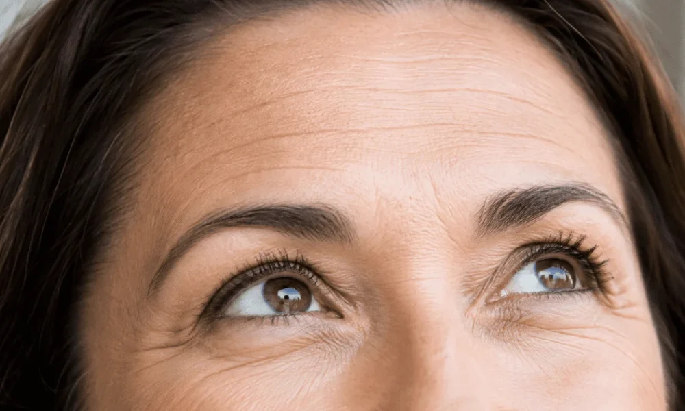 Close-up portrait showing natural forehead movement, eyebrows, and eyes with a relaxed facial expression
