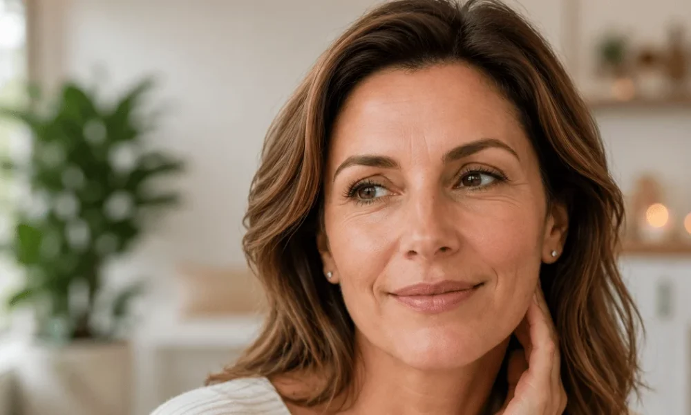 Woman with natural-looking smooth skin and relaxed expression at a med spa consultation.